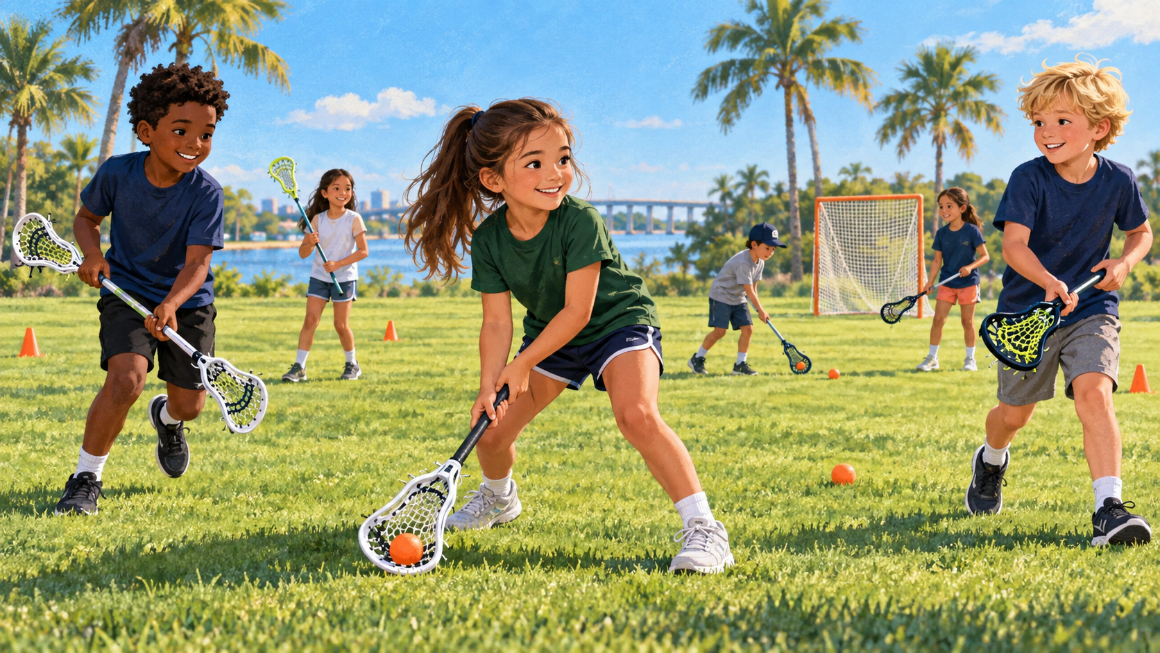 Illustration of children learning lacrosse together on a sunny field